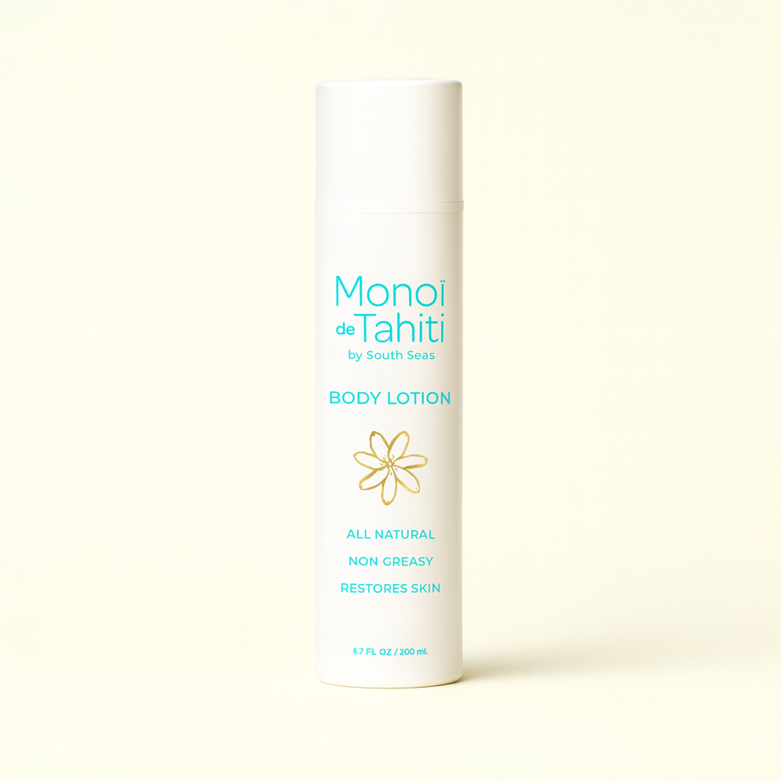 Monoi de Tahiti body lotion bottle on a light beige background, all natural, non greasy daily body lotion